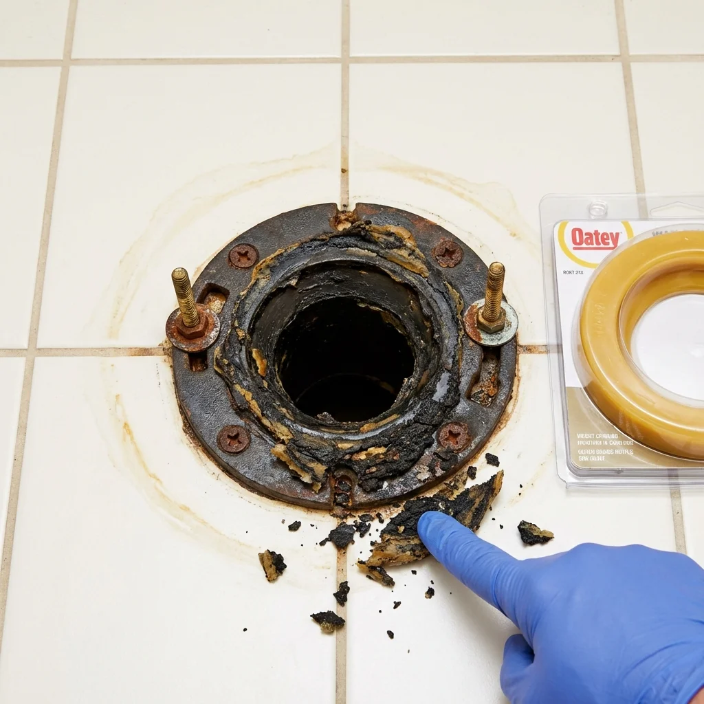 Failed wax ring showing water seepage at the base of a toilet in a Ridgefield, WA home