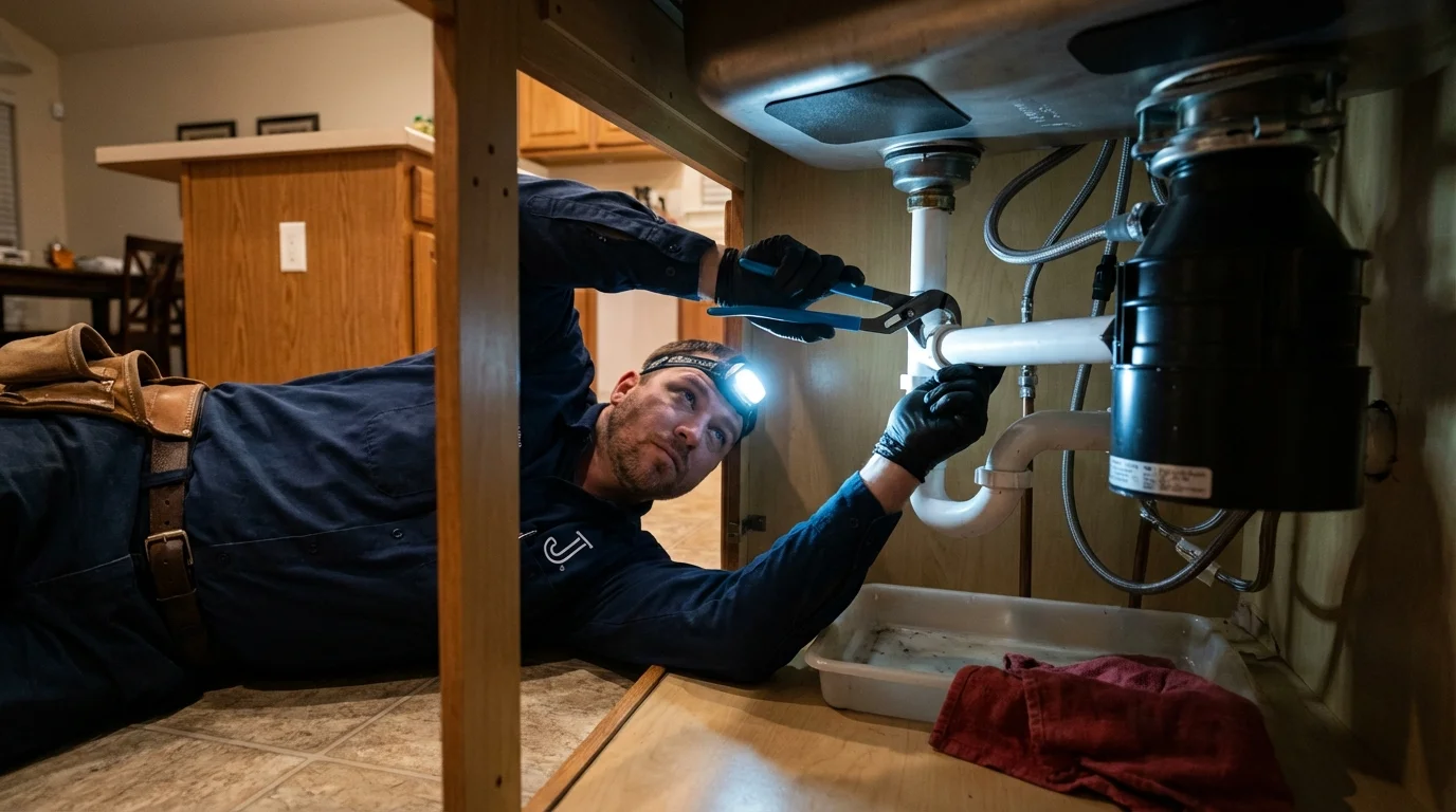 P-trap and supply line connections under a kitchen sink showing a common leak point in Ridgefield, WA